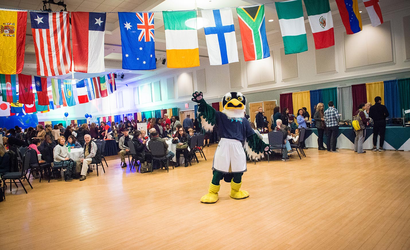 Sammy C. Hawk strikes a pose beneath numerous international flags